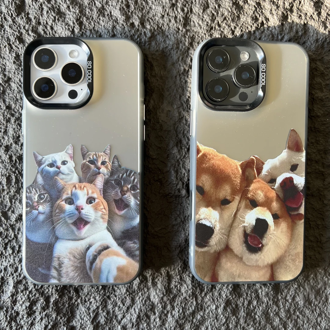 @小狗小猫【彩银黑】 软包硬背炫酷卡通情侣手机壳适用于多种机型