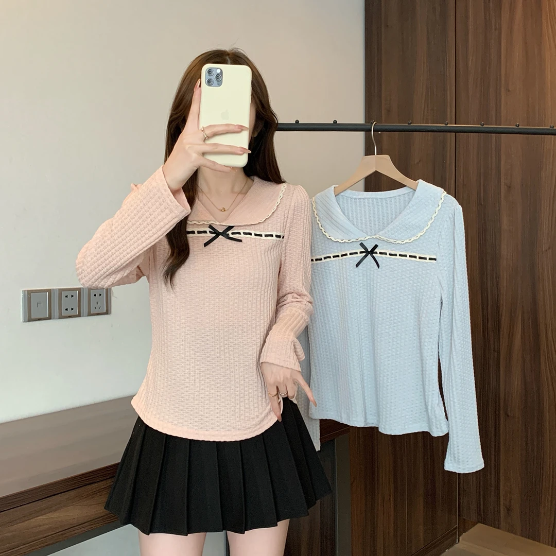 清长大码女2025春季韩系温柔蝴蝶结打底衫显瘦长袖内搭上衣64130