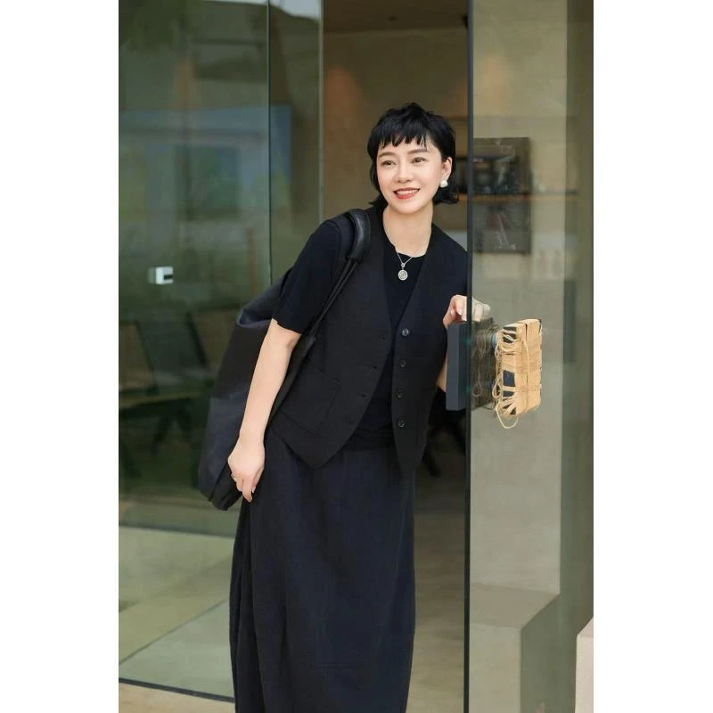 Li Wang/里望设计师款 极简纯亚麻高级黑叠穿马甲开衫