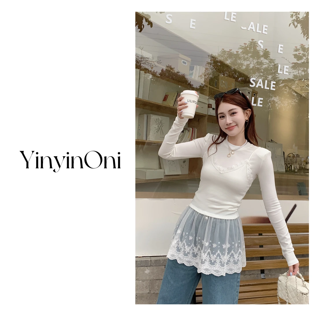 茵茵欧尼（白桃春露）辣妹风针织长袖时尚真两件蕾丝拼接显瘦春夏