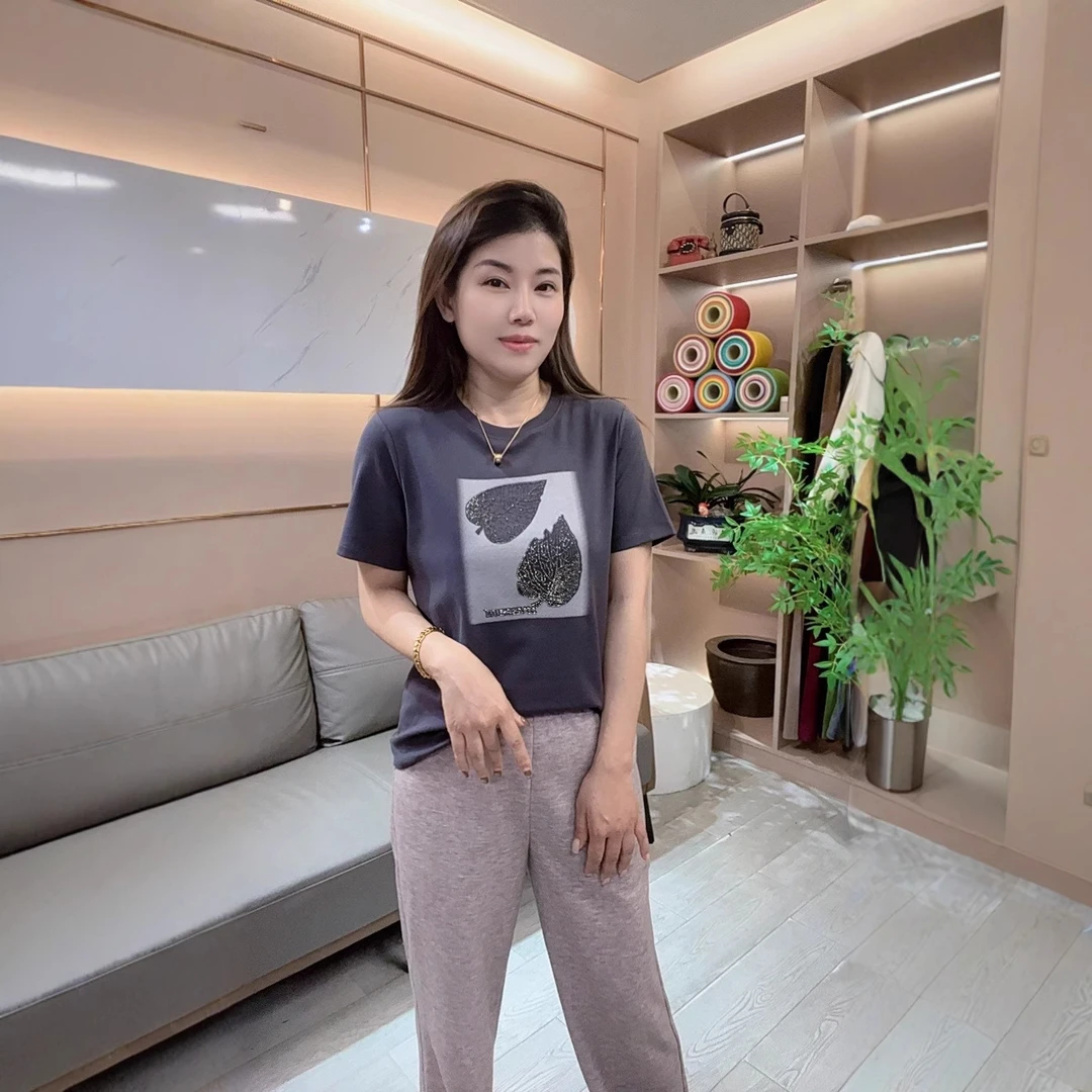 夏季新款洋气时尚印花烫钻树叶 欧若风 宽松圆领短袖T恤256616