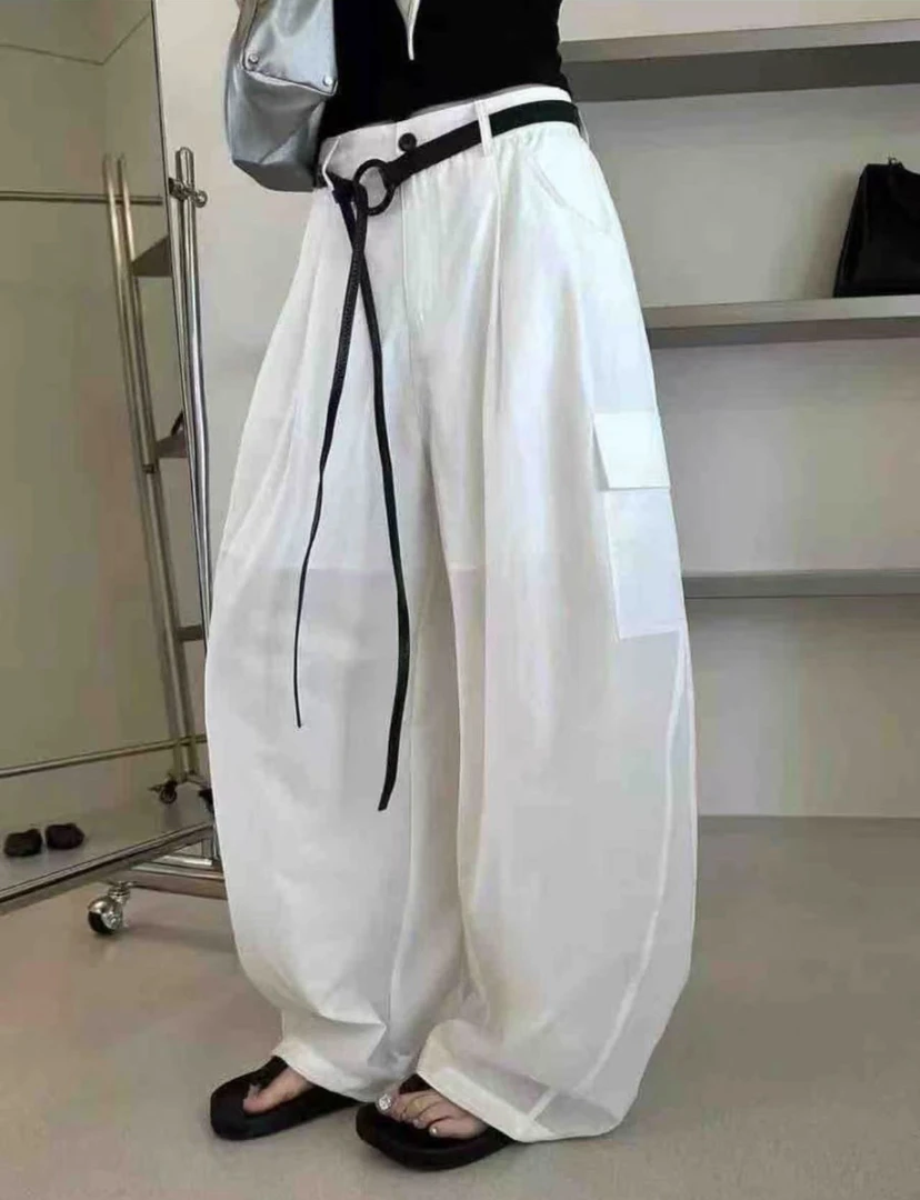 【1835】伊#白色高腰直筒宽松工装休闲裤