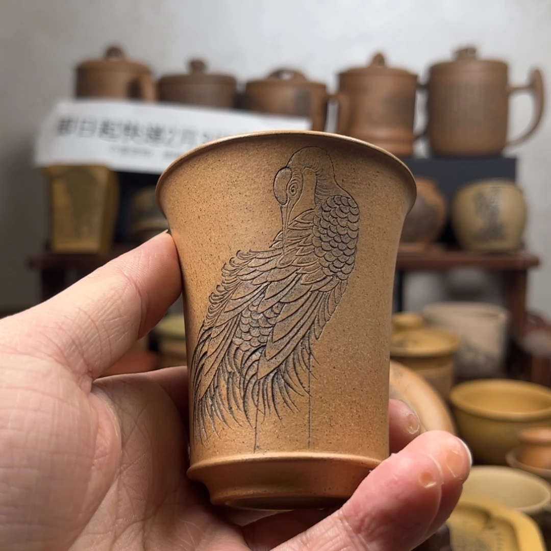 紫砂杯子阿***格微瑕疵无锦盒鹤刻绘紫砂主人杯