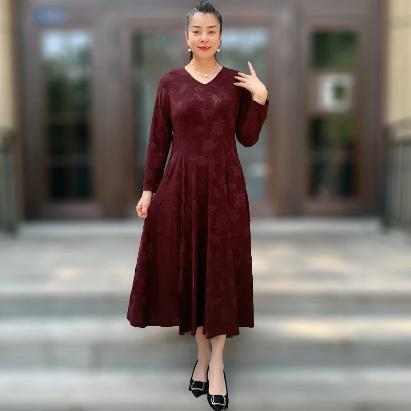 中年女秋装气质长袖打底长裙弹力显瘦洋气妈妈装遮肚优雅大摆裙子