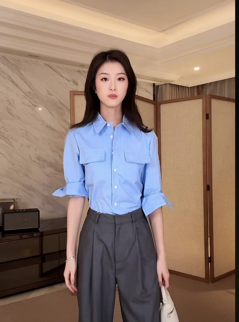 小禾风蓝色长袖衬衫女春秋新款学院风气质百搭短款衬衣上衣