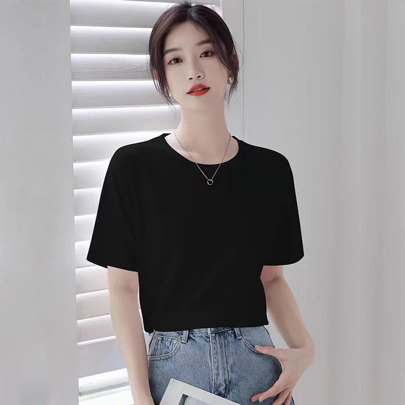 新款冰丝T恤短款百搭圆领简约夏季休闲纯色设计感