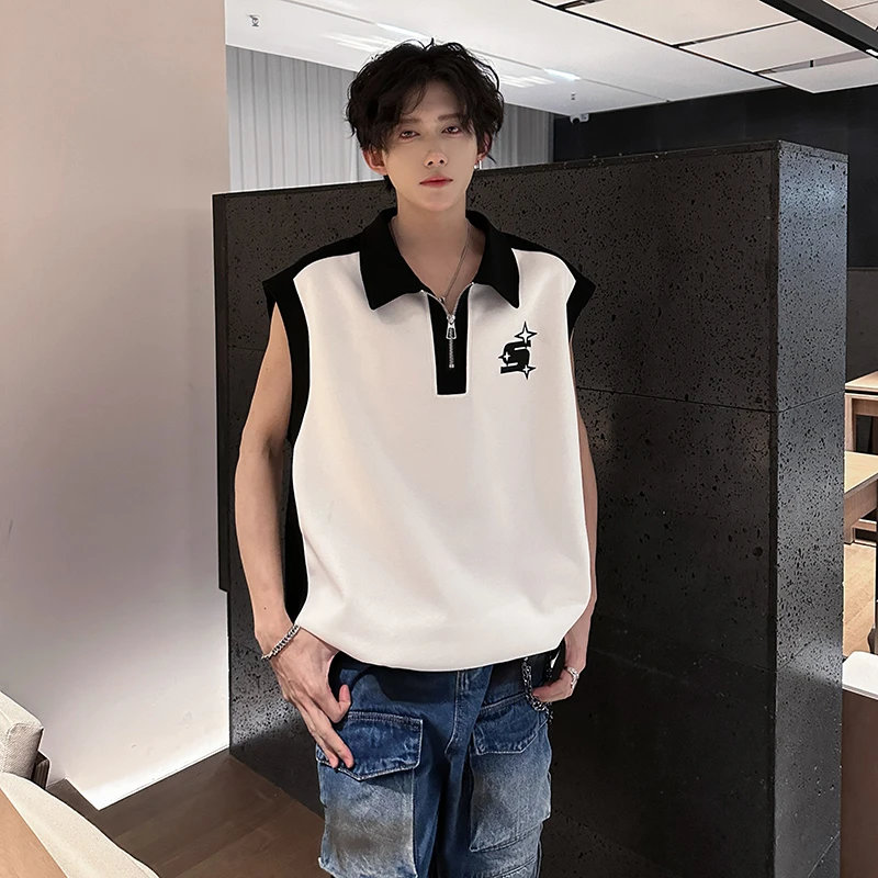 拼色坎肩骑车背心男士男款夏季潮流痞帅无袖t恤专用半拉链上衣