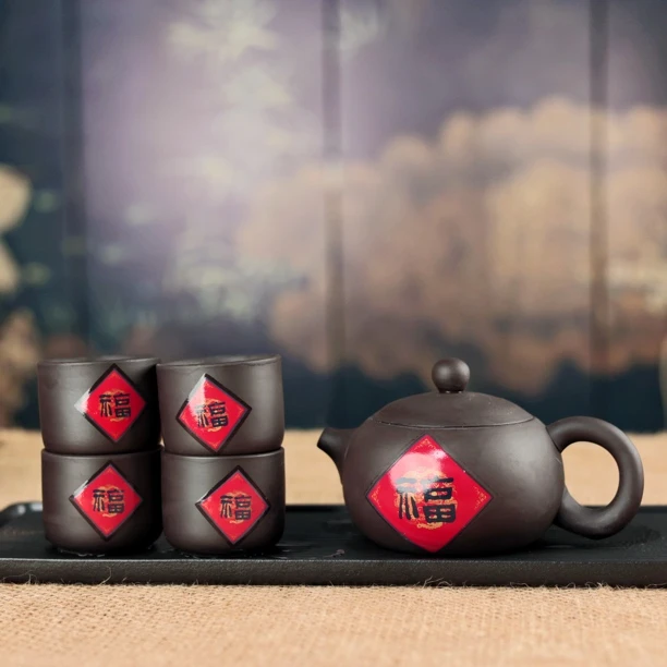 原矿紫砂紫泥五福临门西施壶+4个福字扳指杯+6个紫泥客杯（11件套