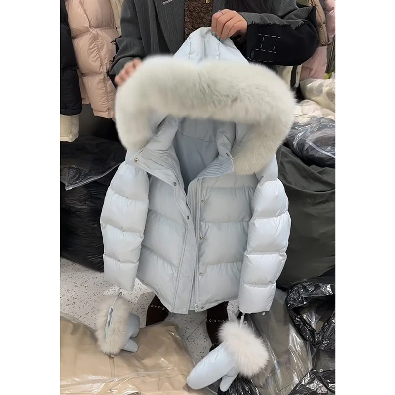 减龄氛围感浅蓝色面包服外套女时髦洋气毛领宽松棉袄
