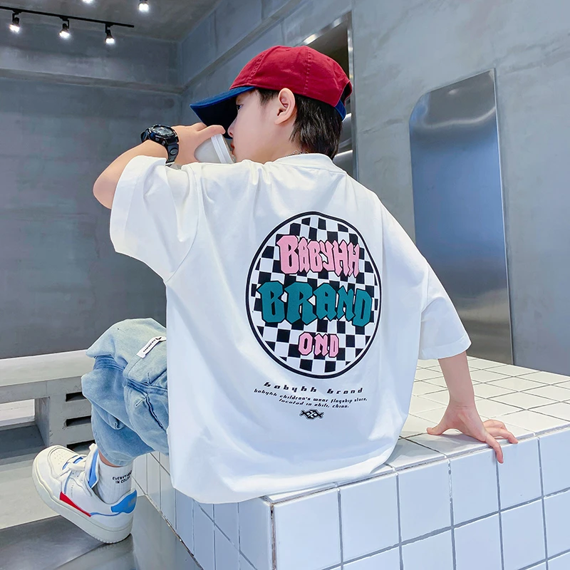 男大童黑色夏装潮酷短袖t恤2025新款男夏季纯棉宽松薄K242TX4407