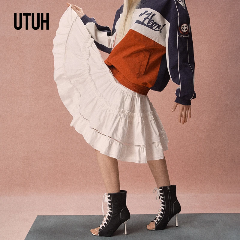 UTUH  白色拼接木耳边松紧腰头设计蓬蓬半身裙女气质  TDWWS1Q069