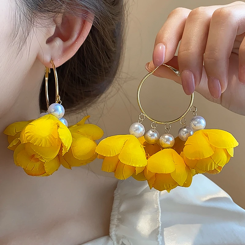 合金布艺耳饰 绝美度假风玫瑰花朵耳环新款高级感耳圈独特耳饰女