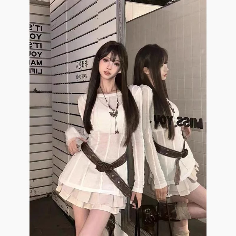 【2032】法式辣妹设计感微透修身显瘦上衣女高腰百褶短裙套装