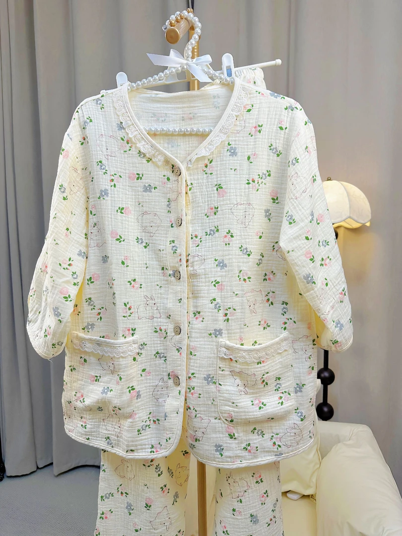 秋季女士七分袖睡衣可外出小众纯棉家居服套装2468
