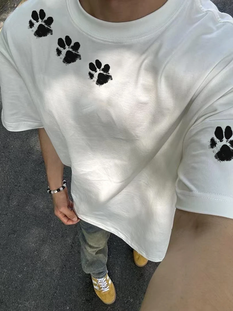 【重磅纯棉】猫爪设计小众短袖男宽松潮流美式复古t恤街头潮牌上衣