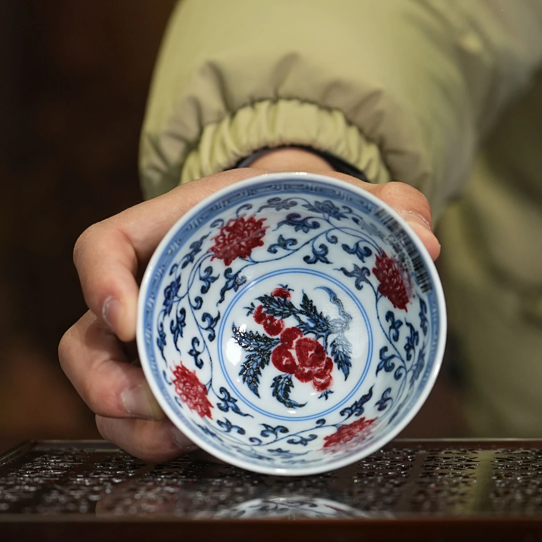 永明尚玩丨明均釉缠枝鸡心杯 80ML  景德镇陶瓷手工手绘茶杯茶具