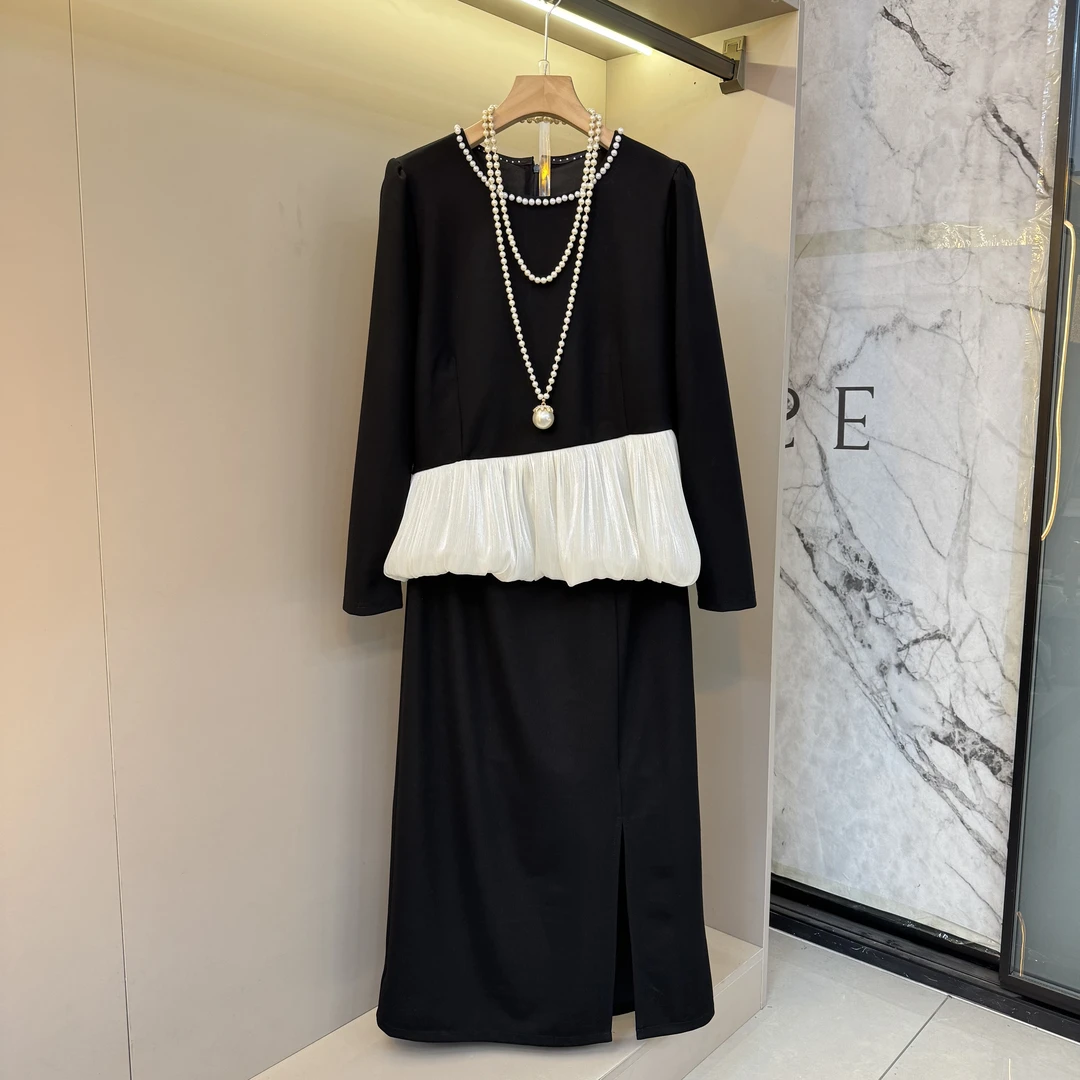 新款胖妹妹精致简约大气穿搭2025上衣拼接花边+半身裙两件套4533