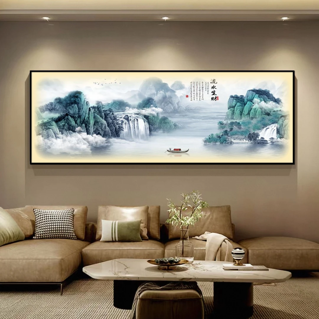 DE-022流水生财装饰灯画中式山水画客厅高档办公室挂画捡漏