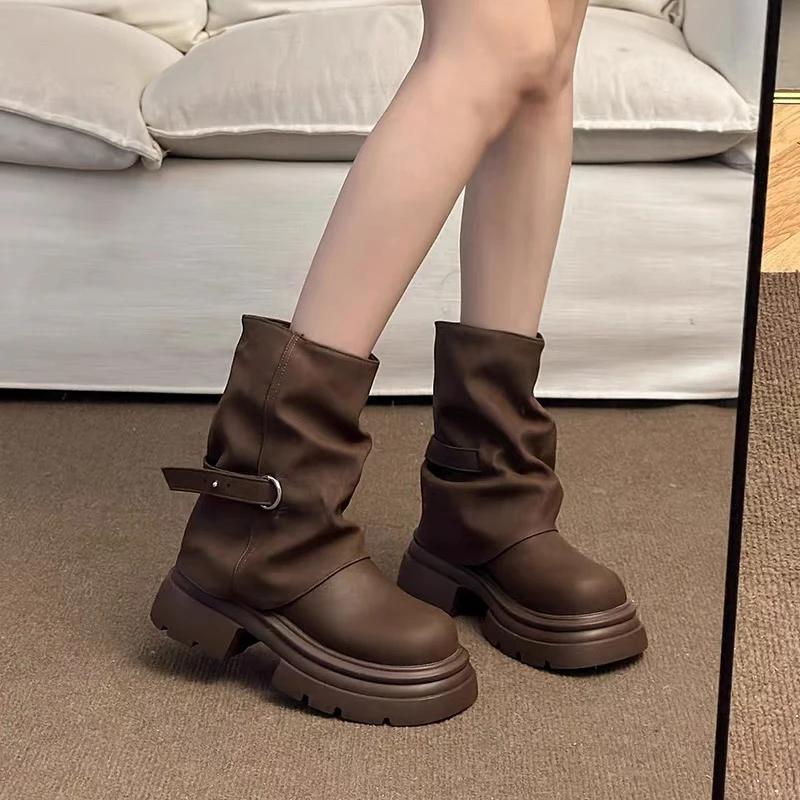 三福美拉德堆堆短靴马丁靴女2025秋冬季新款英伦风复古厚底裤管靴