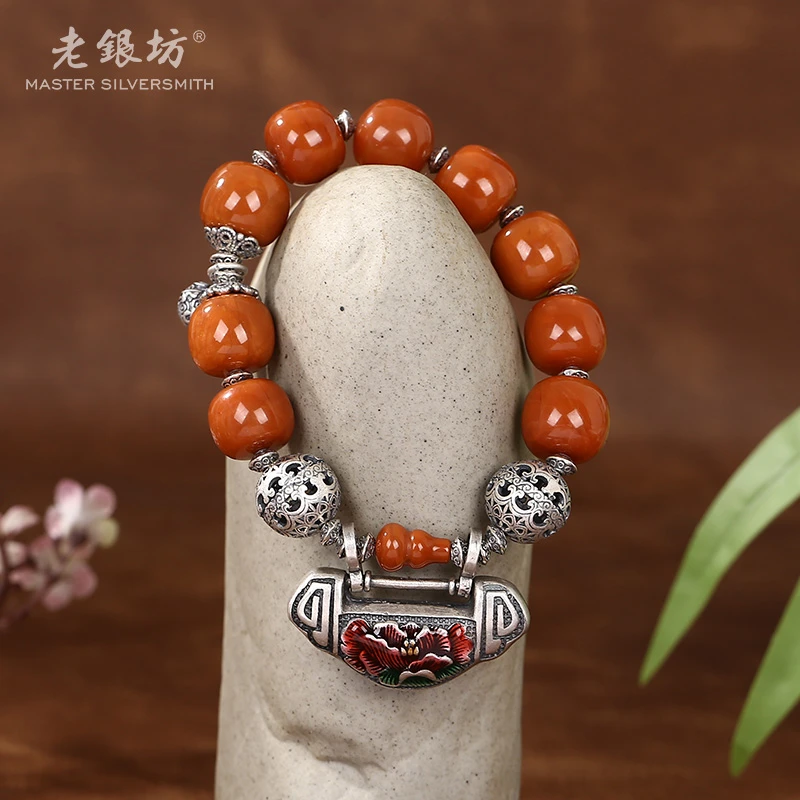 【老银坊】s925银老型南红牡丹花锁手串 00351426