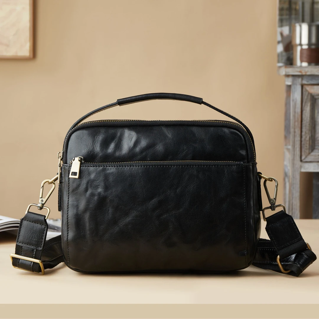 男士头层植鞣牛皮单肩包真皮斜挎包横款复古休闲潮流背包手提包