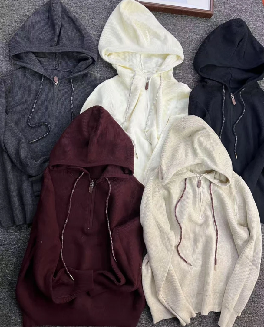 皮头半拉链戴帽抽绳针织