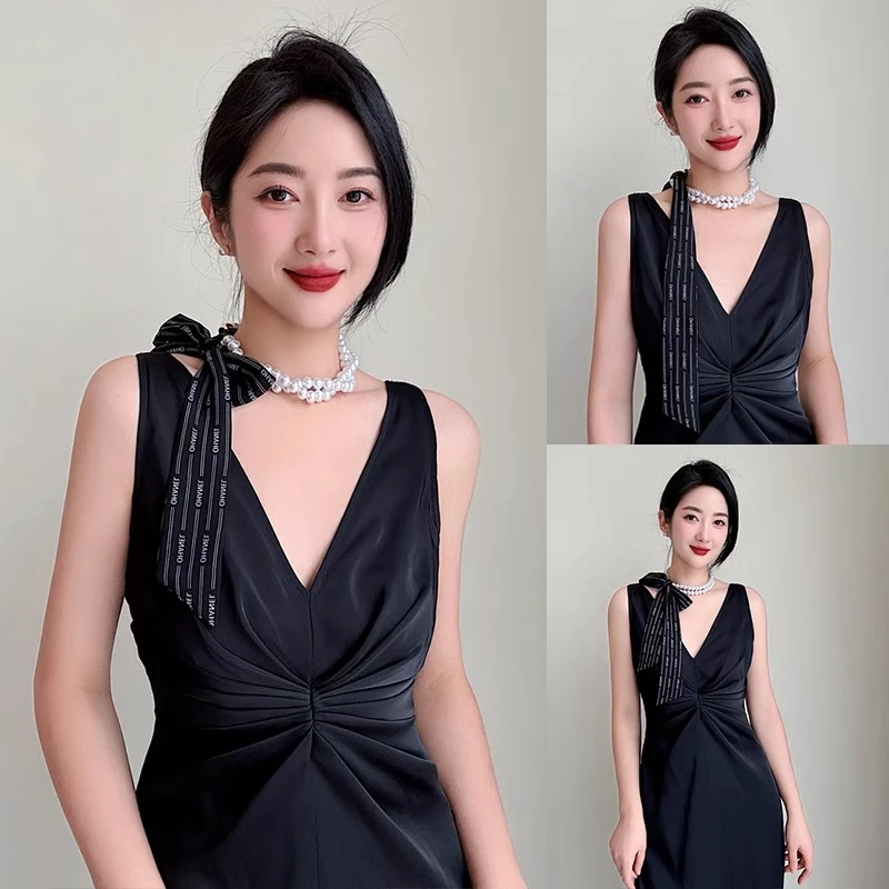 女士新款项链丝巾系脖珍珠小领巾脖子颈饰高级感长条细窄西装颈带