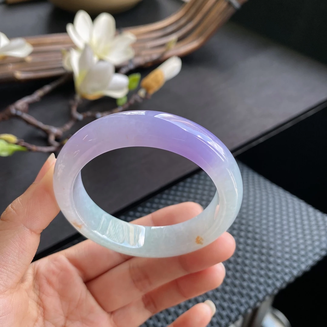 好色珠宝 圈口52缅甸老坑A货糯冰种紫罗兰正圈女款翡翠手镯