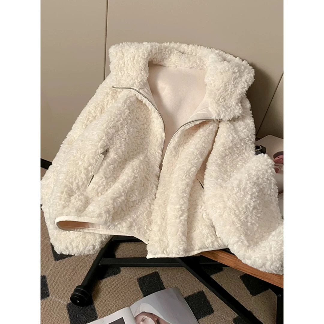 羊羔毛拉链开衫外套2025冬季新款连帽宽松保暖时尚气质加厚上衣女