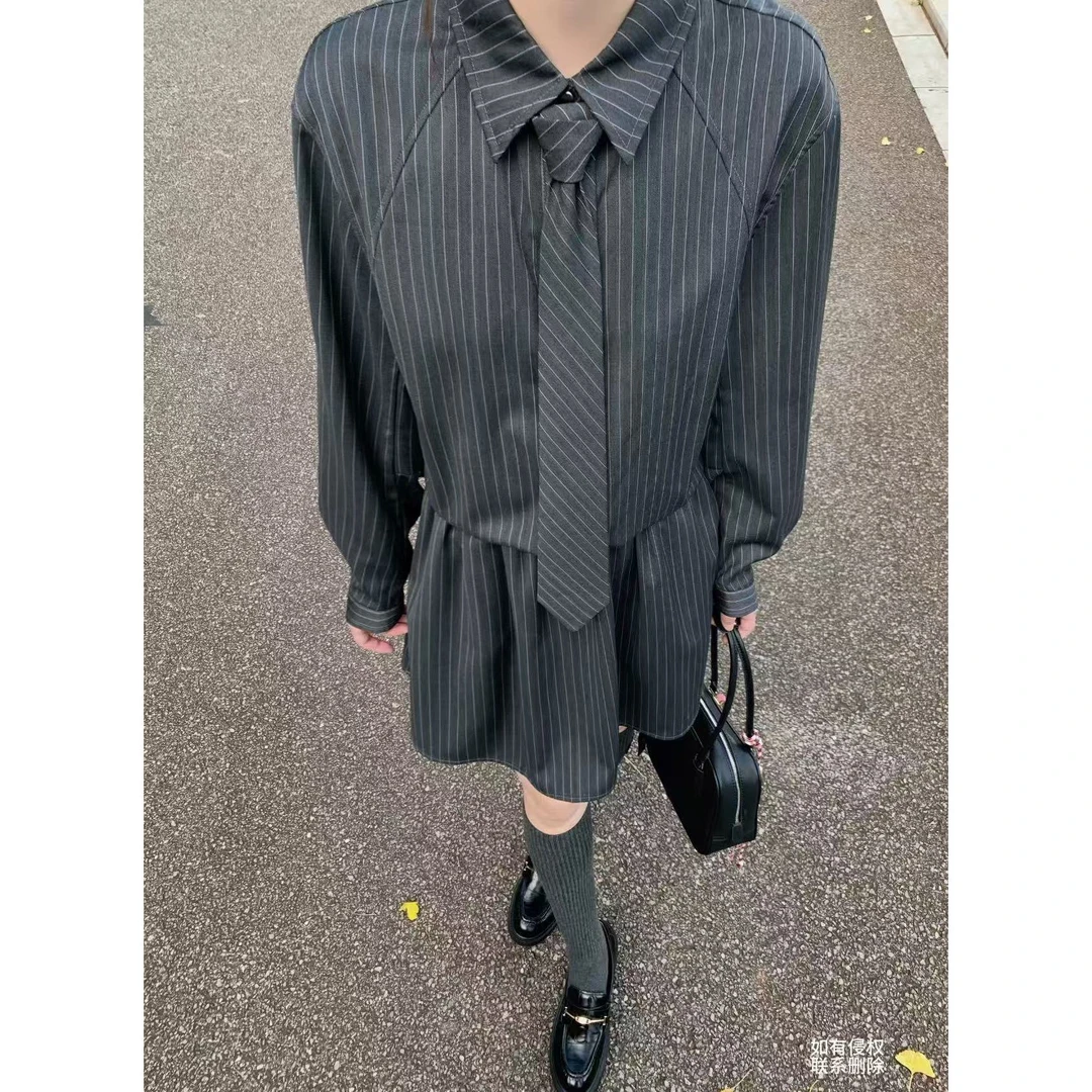 『朱小姐』 可拆卸领带条纹时尚连衣裙 G301