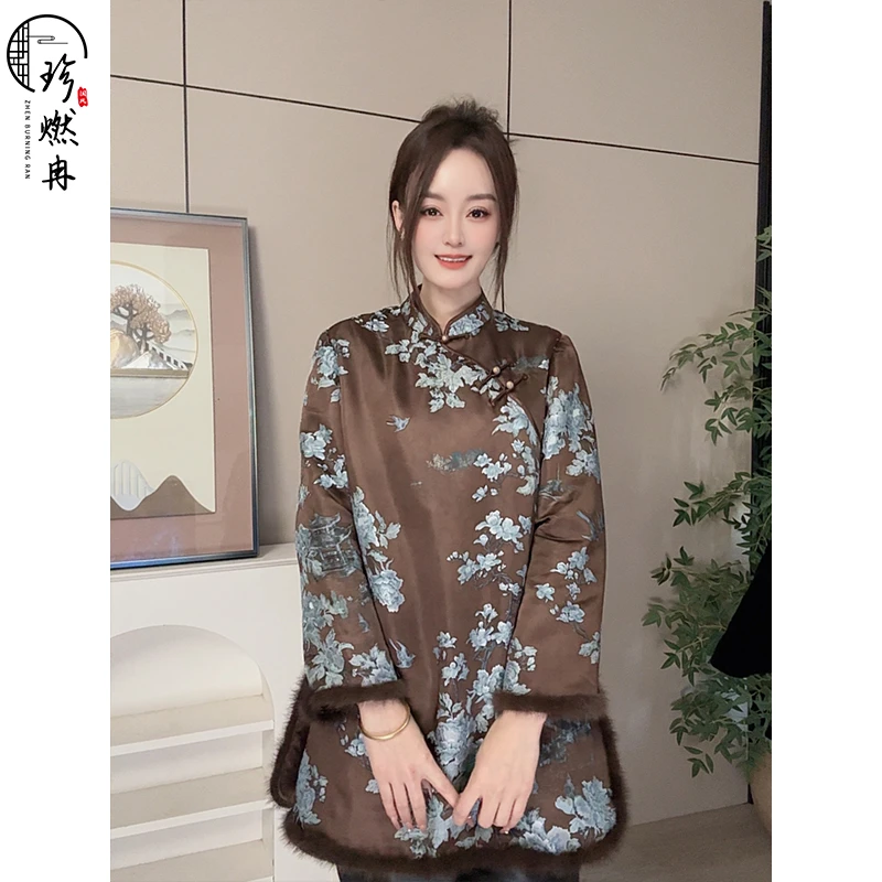 【珍珍新国风】气质长袖印花宽松设计师斜襟时尚中式旗袍Q-61506