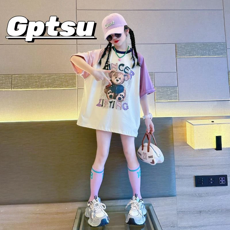 GPTSu女童短袖t恤2025年新款卡通拼色体恤大童装衣服洋气时髦上衣