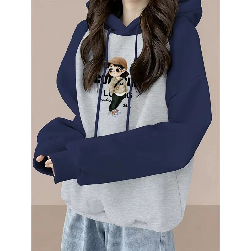 胖mm中长款连帽加绒卫衣秋冬爆款洋气减龄大码宽松撞色插肩外套