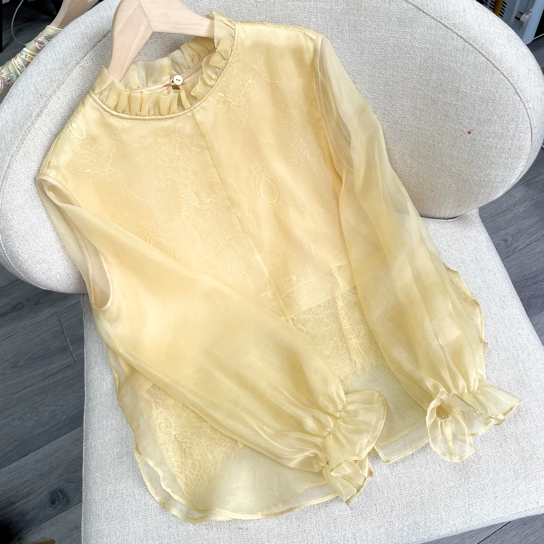 气质百搭精致款衬衫春夏时尚薄纱款式夏天凉爽花边领口上衣