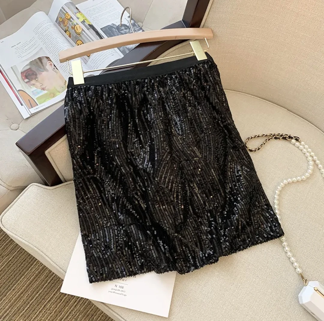 闪闪亮片万能腰裤裙高腰显瘦遮肉直筒包臀A字短裙6087-1