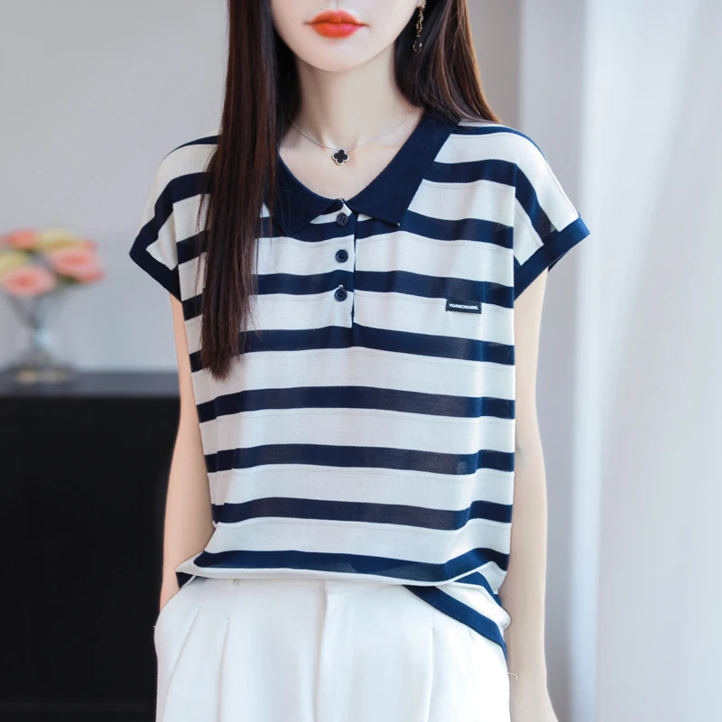 气质条纹Polo领简约舒适透气夏季正式场合女士服装上衣飞袖针织百