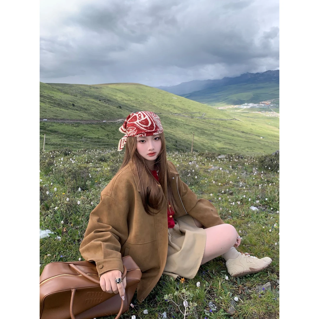 Herwear微胖mm暖调松弛力 显瘦复古麂皮日常通勤气质短外套女大码