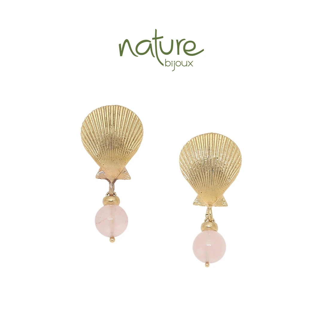 合金耳饰 法国品牌Nature Bijoux 优雅微光系列金色扇贝粉晶耳环