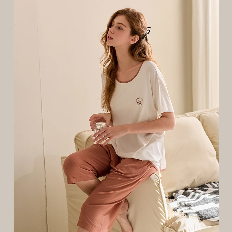 芬腾女士睡衣莫代尔棉短袖圆领套装夏季薄款透气休闲加大码家居服