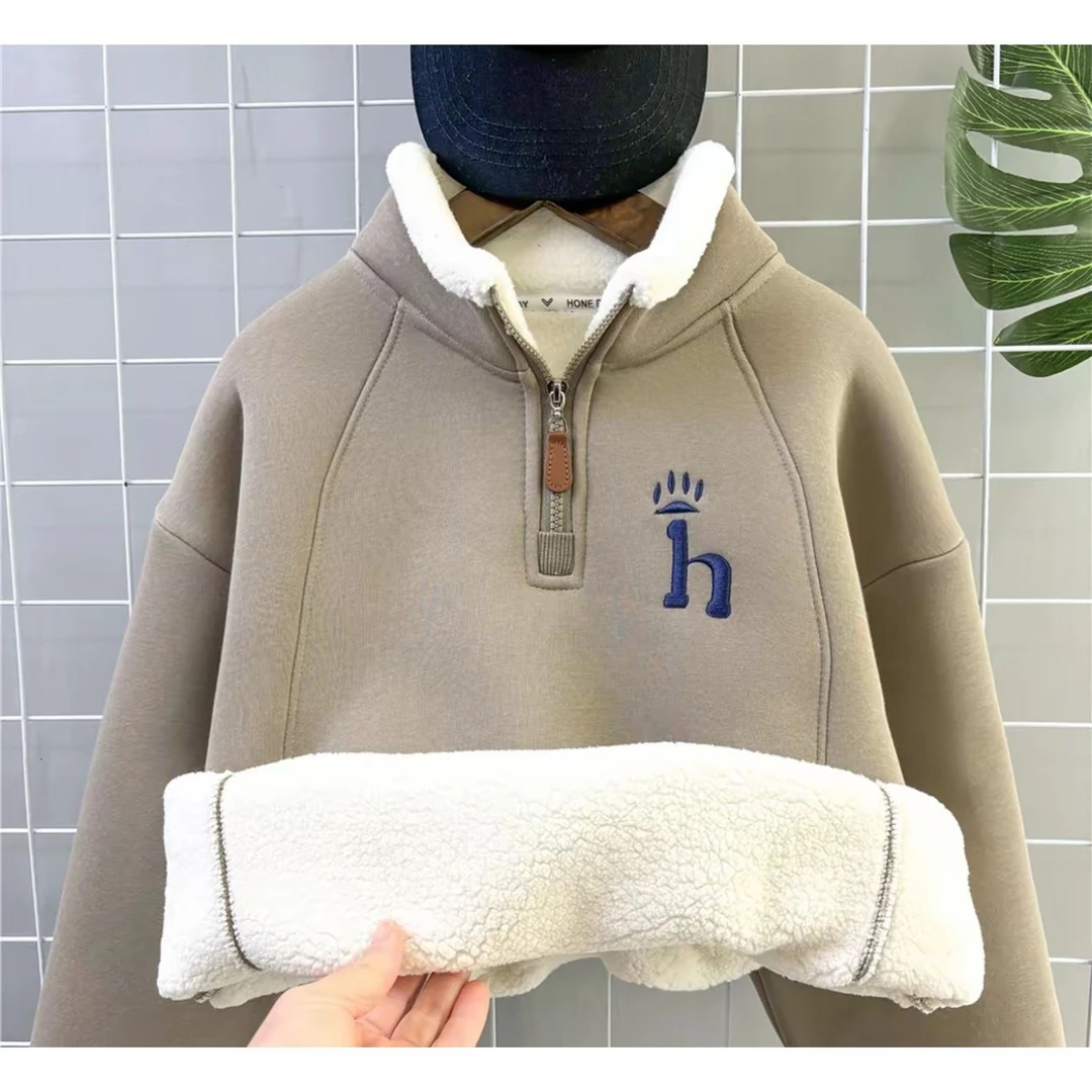 男童加绒加厚刺绣卫衣冬2025新款儿童立领加厚上衣中大童保暖长袖