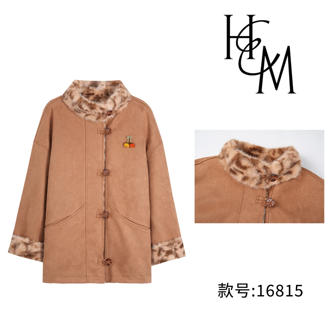 【慧姐】时尚麂皮单排扣豹纹绒复古厚外套+胸针【16815C款】