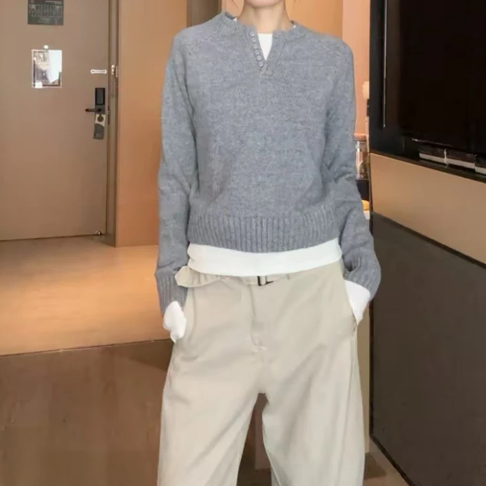 亨利领插肩长袖套头针织衫女2025新款秋季舒适休闲百搭设计感上衣