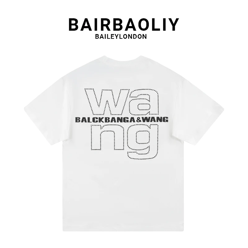 BAIRBAOLIY潮牌重工钉珠字母时尚宽松高级感痞帅街拍短袖T恤男装