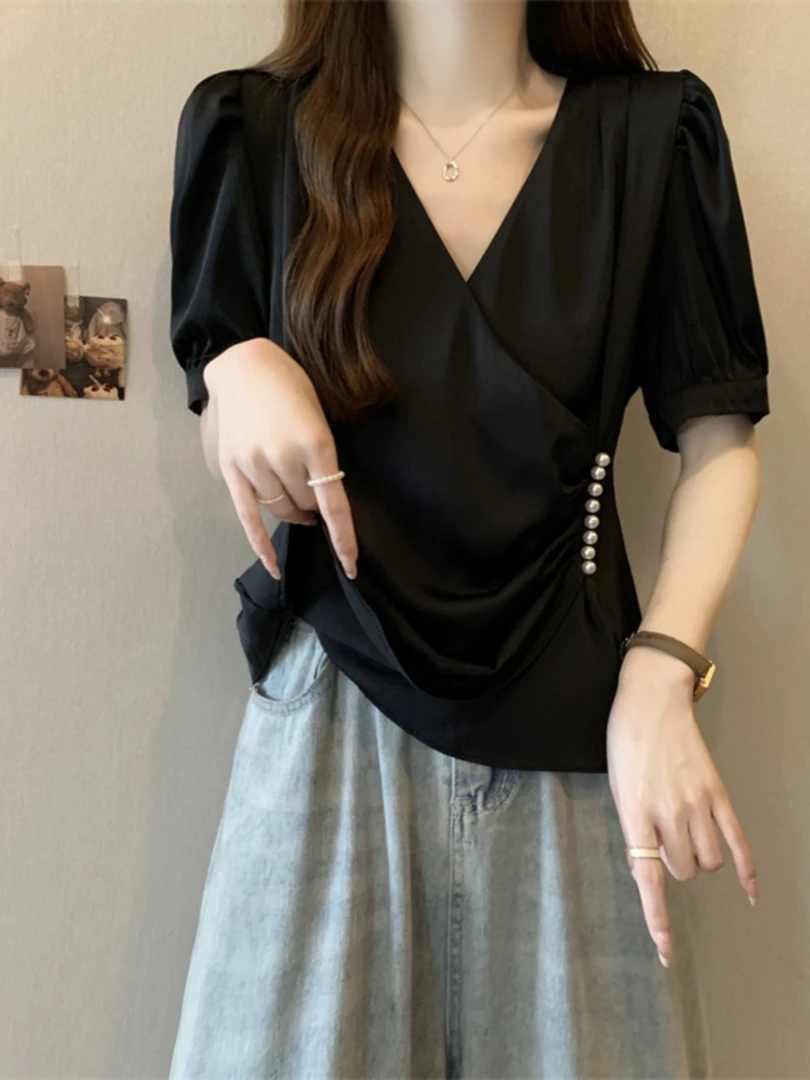 大码女装遮肚子别致交叉V领短袖衬衫胖MM正肩减龄收腰显瘦上衣女