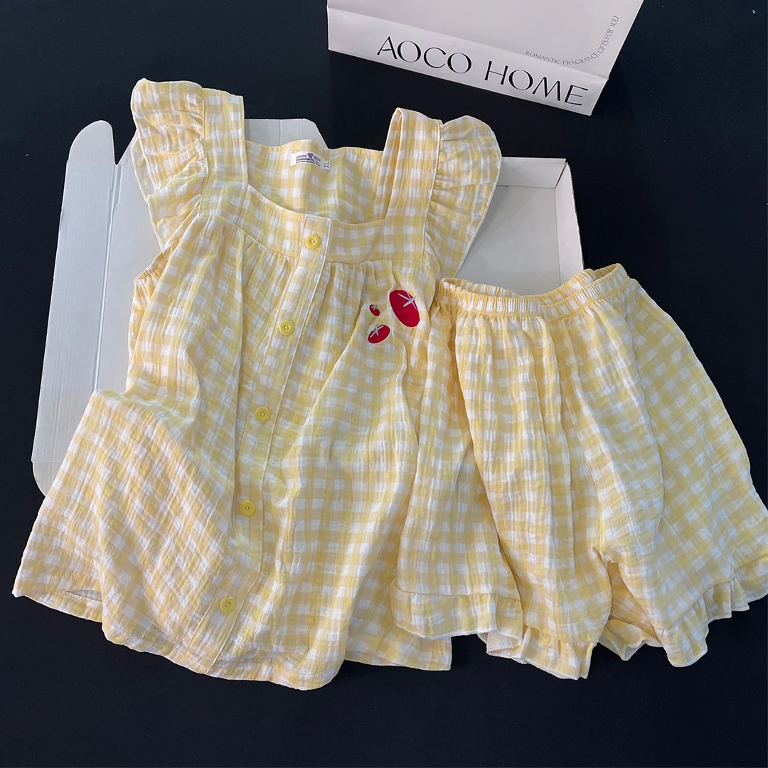 甜美黄色格子睡衣少女新款飞袖短裤学生小个子宽松舒适家居服套装