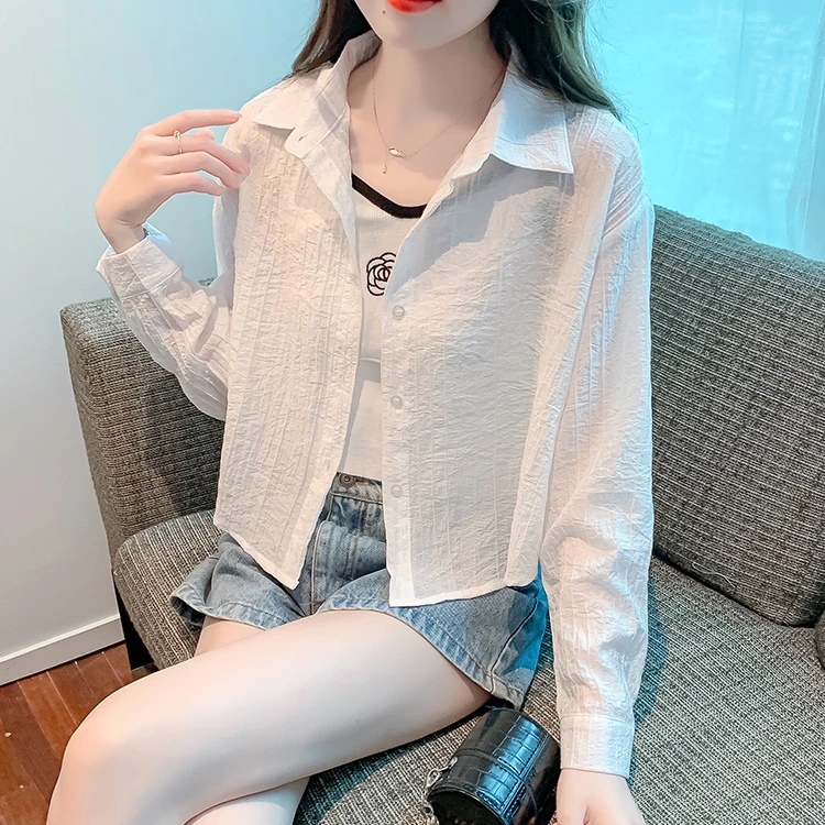 夏季新款高级纹理感面料轻薄透气雪纺防晒长袖小清新短款外
