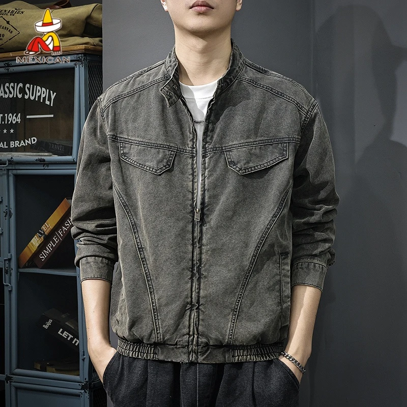Mexican/稻草人美式复古立领夹克男款秋季纯棉宽松工装长袖外套潮