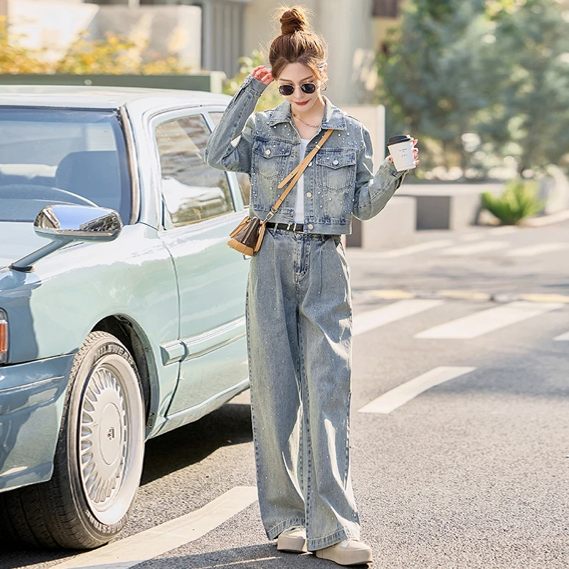 洋气漂亮烫钻牛仔套装女2025年新款春秋季短外套穿搭阔腿裤两件套