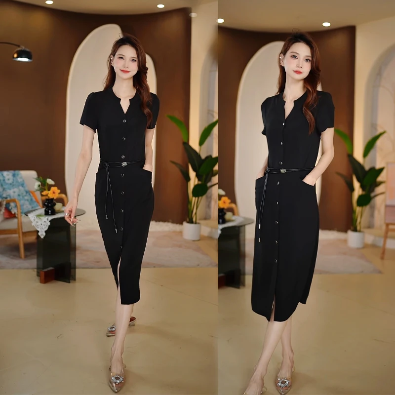 琴妲QD8102夏季短袖气质显瘦大口袋连衣裙新款时尚洋气收腰裙子女