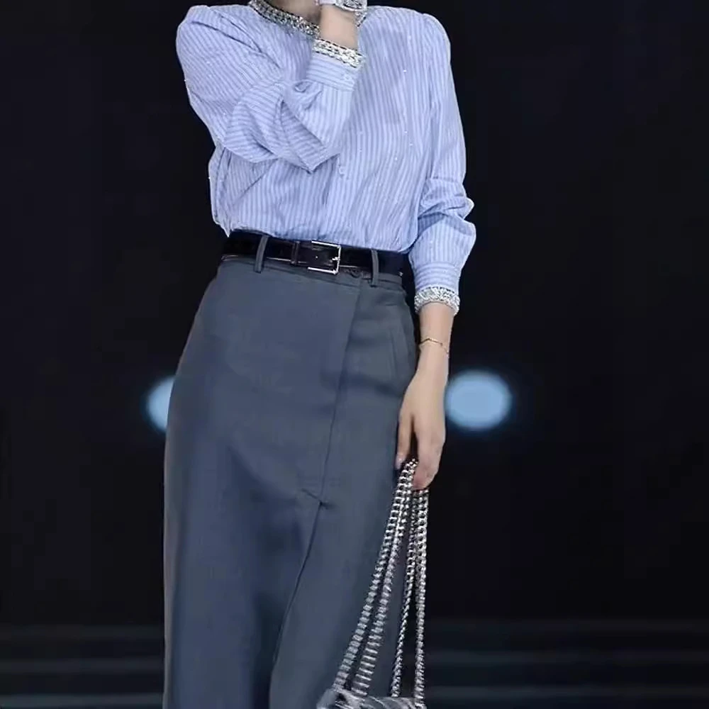 2025春秋新款女装重工钉珠穿搭小香风蓝色条纹衬衫半身裙两件套装